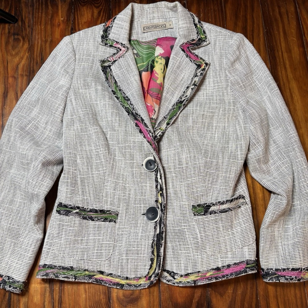 Canvasbacks Art To Wear Blazer Jacket Colorful Trim Funky Unique Sz 6 A547